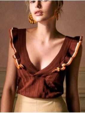 NWT Sezane Erika Knit Top Ruffle Sleeveless Sweater Brown Sz
S